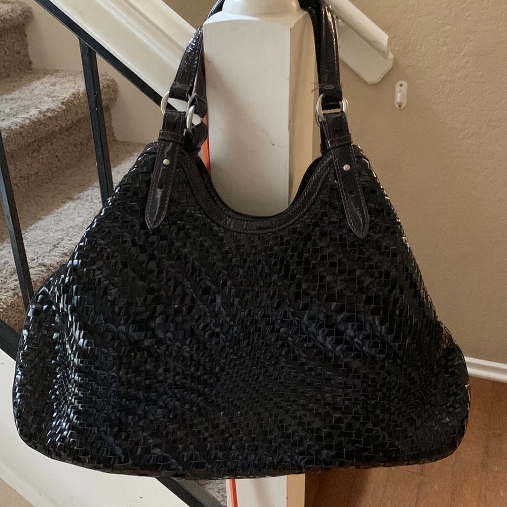 Cole Haan Genevieve Weave Large Triangle Tote Patent Leather Aubergine XL Bag